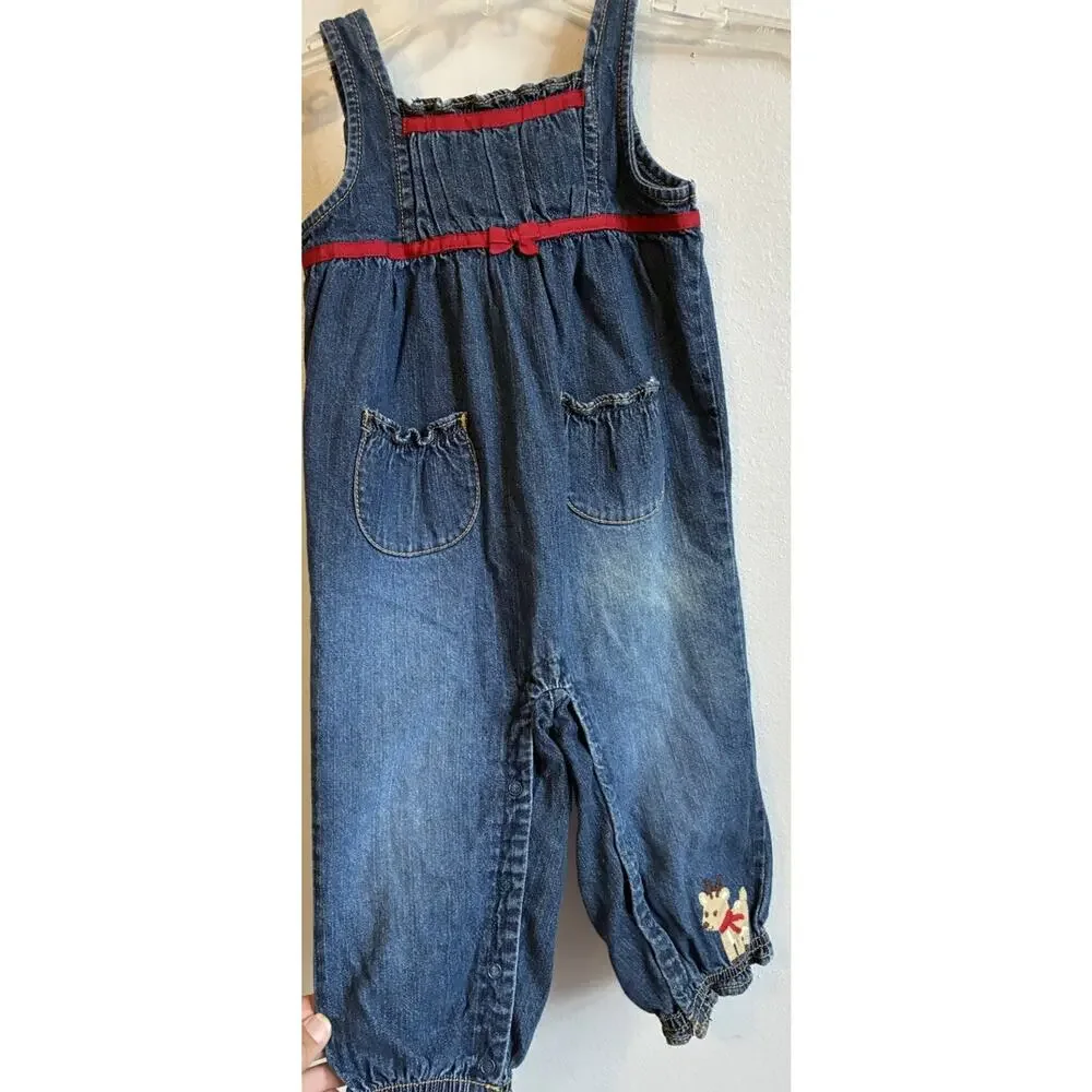 Gymboree Denim Overalls Reindeer Holiday Christmas Girls 18-24M Red Ruffle Trim
